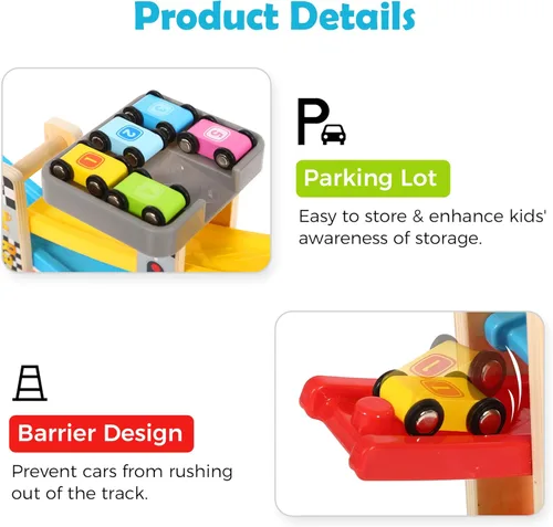 Miniatura 4 de Belleur - Juego Montessori para niños de 1 a 3 años, pista de carreras de coches para niños pequeños con 5 coches mini y 5 rampas, juego de juguetes