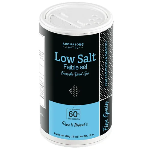 Aromasong Sal marina baja en sodio 13 oz. Salero 100% natural de grano fino cloruro de potasio del mar muerto con sal del mar muerto.