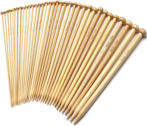 Juego de agujas de tejer de bambú, 18 pares de agujas de tejer de madera de 14 pulgadas de largo para principiantes, tamaño de EE. UU. 0-15 Blanco