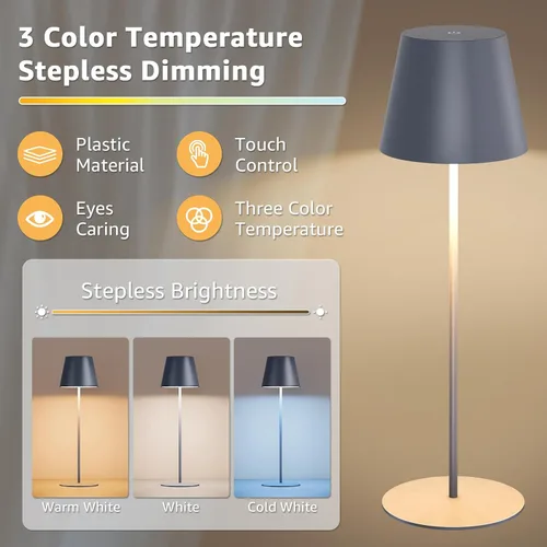 Miniatura 3 de uuffoo Paquete de 2 lámparas de mesa inalámbricas recargables de 5000 mAh, luces a pilas, control táctil, lámparas de escritorio portátiles LED de 3