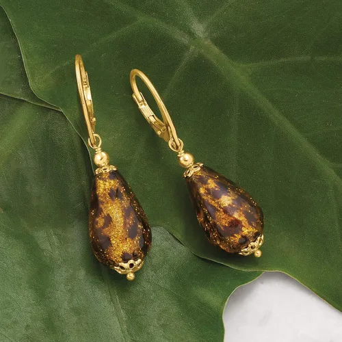 Miniatura 4 de Ross-Simons Pendientes colgantes de cristal de Murano con estampado de leopardo italiano en oro de 18 quilates sobre plata esterlina, Plata de ley