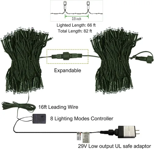 Miniatura 8 de Twinkle Star Guirnalda de 200 luces LED de Halloween de 66 pies con certificación UL segura para exteriores, luces de hadas enchufables, cable verde