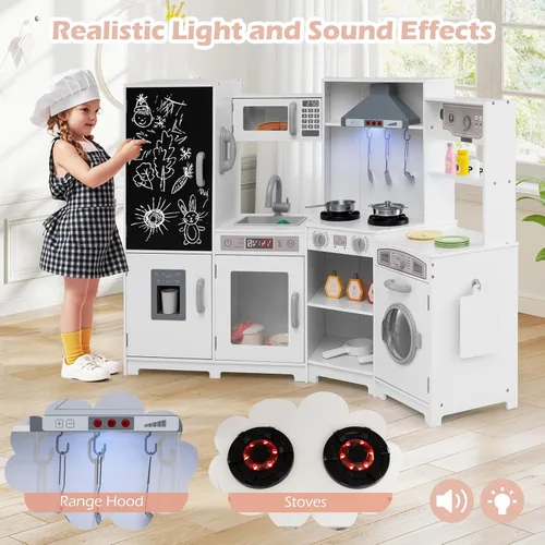 Miniatura 3 de Costzon Cocina de Jugar de Rincón con Luces, Sonidos, Gran Juego de Cocina de Pretensión con Pizarra, Microondas, Accesorios de Cocina, Juguete