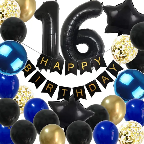 Decoraciones de cumpleaños número 16 para niños, globos de feliz cumpleaños de 16 años color azul rey y dorado con pancarta negra (azul 16)