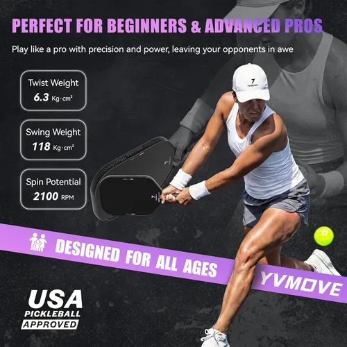 Miniatura 3 de YVmove T800 Carbon Fiber Pickleball Paddle with 16mm Dynamic Core, Premium Pickle Ball Thermoformed Unibody, Elongated Shape, Enhanced Power &