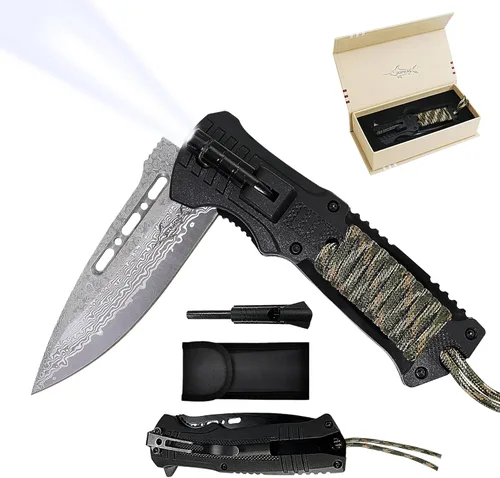 XIPHIAS Damascus XK039DA - Cuchillo de supervivencia 6 en 1, multiherramienta plegable con luz LED, arrancador de fuego, silbato y paracaídas, clip