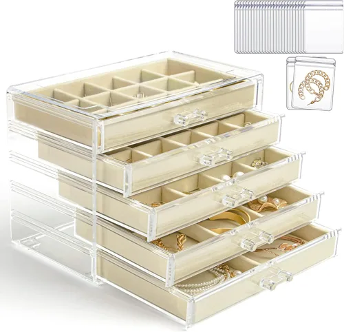 KAMIER Caja organizadora de aretes con 5 cajones, caja organizadora de joyas de acrílico transparente para mujeres, juego de 20 bolsas de joyería