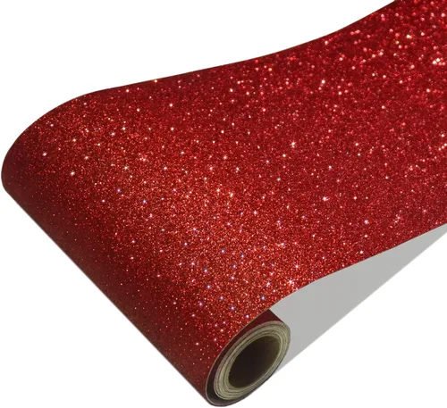 CRE8TIVE Cenefa de Papel Tapiz Rojo con Purpurina de Despegar y Pegar Cenefa de Pared de Tela Brillante con Purpurina Calcomanías de Cenefas de