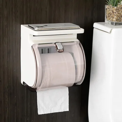 Miniatura 9 de Soporte de papel higiénico para montaje en pared, dispensador de papel higiénico de plástico impermeable a prueba de gatos con estante, autoadhesivo