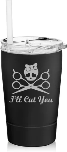 Vaso de 12 onzas de acero inoxidable de doble pared aislado al vacío taza de viaje para café con popote I'll Cut You Hair Dresser Stylist (negro)