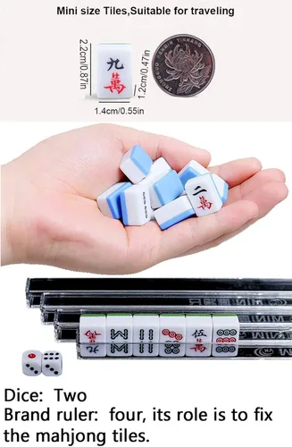 Miniatura 7 de Juego de mahjong chino en miniatura con mesa plegable 144 mini-azulejos, estuche y accesorios, juego de viaje (azul, 0.866 in)