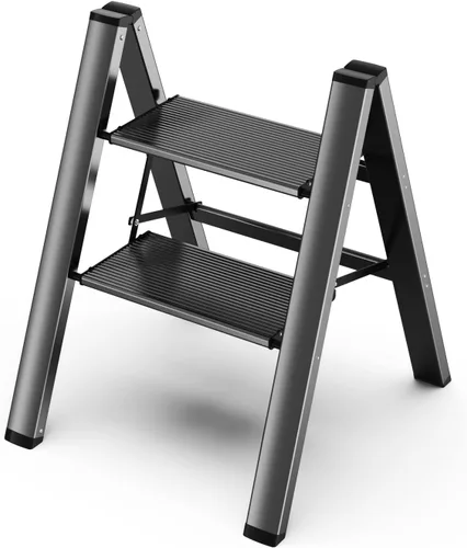 Escalera de 2 escalones, taburete plegable de aluminio de 2 escalones con pedal antideslizante resistente y ancho, escalera portátil ligera para uso