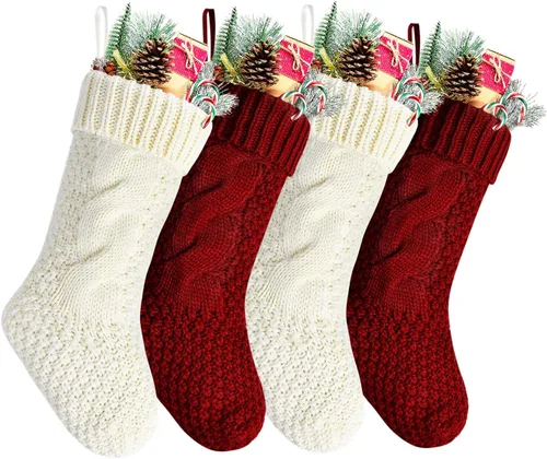 Miniatura 10 de Paquete de 4 calcetines navideños de punto, color burdeos, 14 pulgadas