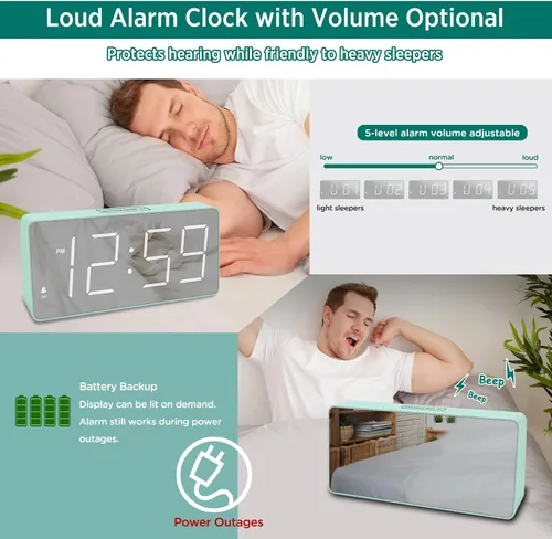 Miniatura 4 de Peakeep Reloj digital, reloj despertador alimentado por batería para dormitorios, esfera de espejo, números grandes, 6 atenuadores para personas
