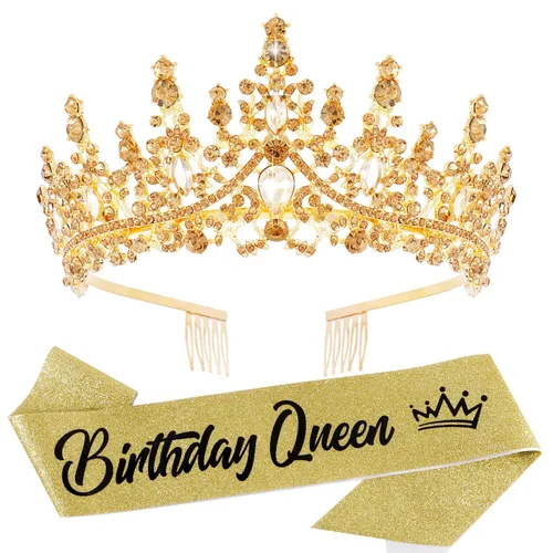 Miniatura 16 de VELSCRUN Coronas de Reina de Cumpleaños para Mujeres y Niñas, Corona de Princesa, Diadema de Cumpleaños, Fajas, Decoraciones para Fiestas, Regalo