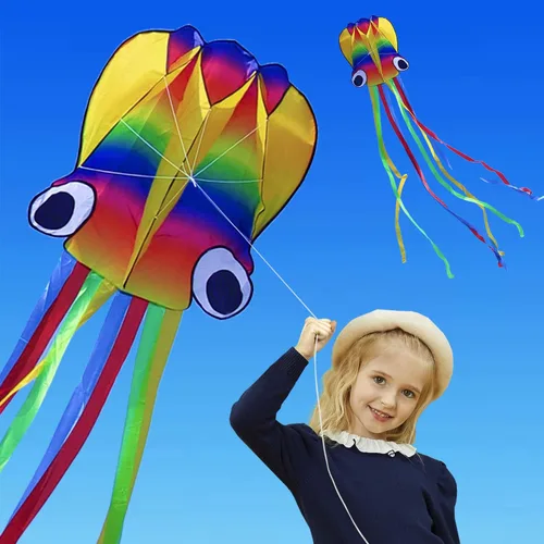 Miniatura 6 de Honbo Cometa de pulpo suave arcoíris para niños y audlts, cometa grande con línea de vuelo de 200 pies, juguete fácil de volar para juegos al aire