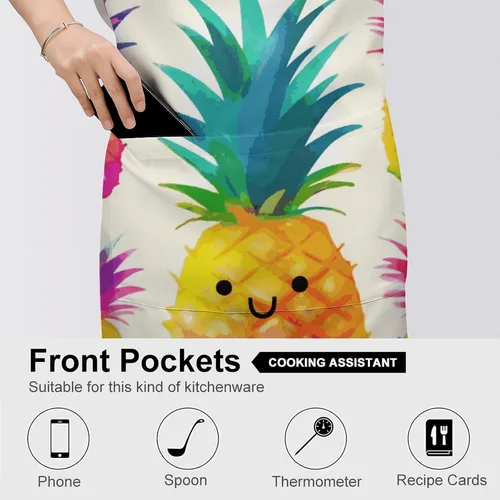 Miniatura 5 de MUSM Apron for Adults - 27.6 X 31.5 Inch, Heavy-Duty Polyester Aprons with Two Large Pockets, Waterproof Rainbow Pineapple Cartoon Kitchen Apron for