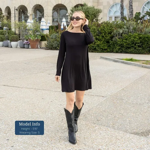Miniatura 3 de Azules Vestido tipo túnica de manga larga para mujer, casual, cuello barco, con espalda redonda