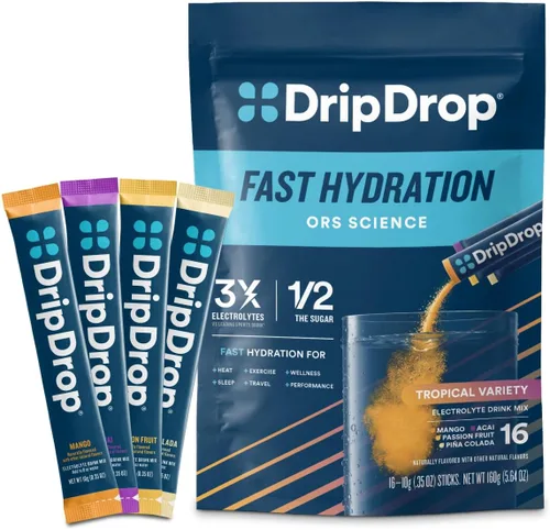 DripDrop Hydration - Paquetes de electrolitos en polvo - Mango, acai, fruta de la pasión, coco piña - 16 unidades
