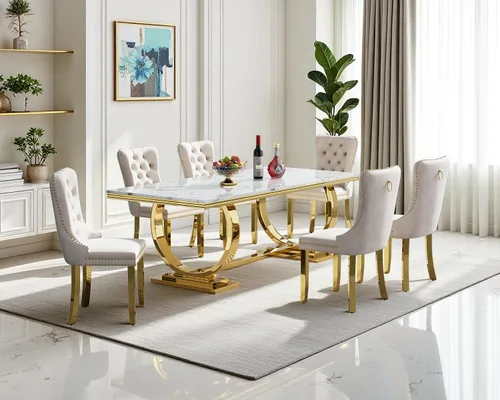 Miniatura 77 de Moderno juego de mesa de comedor de mármol sintético de 68.11 pulgadas para 6, mesa de comedor de mármol blanco y plateado con 6 sillas de Blanco