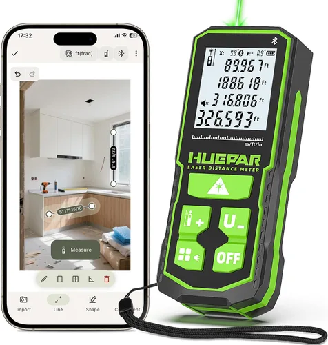 Miniatura 11 de Herramienta de medición láser con aplicación Bluetooth, 200 pies, ± 1/16 pulgadas de alta precisión, medidor de distancia láser de haz verde