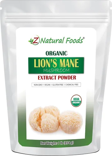 Z Natural Foods Polvo orgánico de extracto de hongo de melena de león – Superalimento de hongos premium – Perfecto para café, té y batidos – Sin
