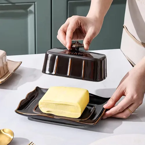 Miniatura 4 de Mantequillera de porcelana con tapa para encimera, contenedor de mantequilla de granja con mango de lujo, grande para mantequilla de la costa este