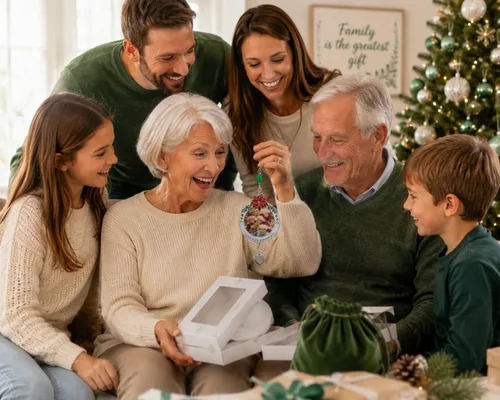 Miniatura 4 de Adorno de Navidad personalizado con tu foto familiar – La familia es el mejor regalo, adorno navideño con detalles de flor de pascua y acebo