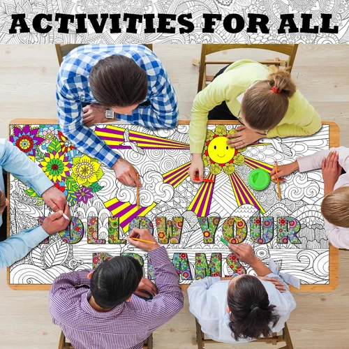 Miniatura 5 de Naozinebi Pósteres de mandala gigante para colorear, grandes carteles motivacionales para colorear con texto en inglés "Follow Your Dreams", mantel