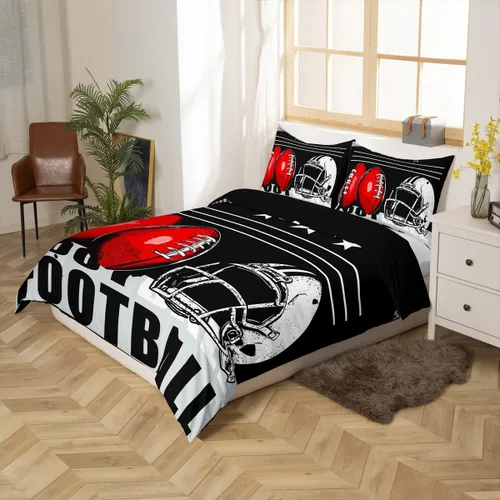 Miniatura 2 de Juego de funda de edredón de fútbol, juego de ropa de cama deportiva, balón de fútbol, negro, blanco, rojo, funda de edredón para niños, niñas