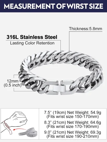 Miniatura 6 de Bandmax Pulsera de cadena cubana para hombres y mujeres, pulsera gruesa de acero inoxidable, pulsera de cadena de eslabones Hip Hop, ancho