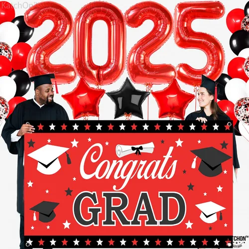 Miniatura 6 de KatchOn, Juego de 40 decoraciones de graduación rojas y negras 2025, globos rojos 2025, pancarta de felicitaciones para graduación de clase de 2025