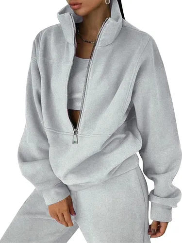 PEHMEA Conjunto deportivo de 2 piezas de otoño para mujer, con forro polar, holgado, manga larga, media cremallera, cómodo conjunto de descanso para