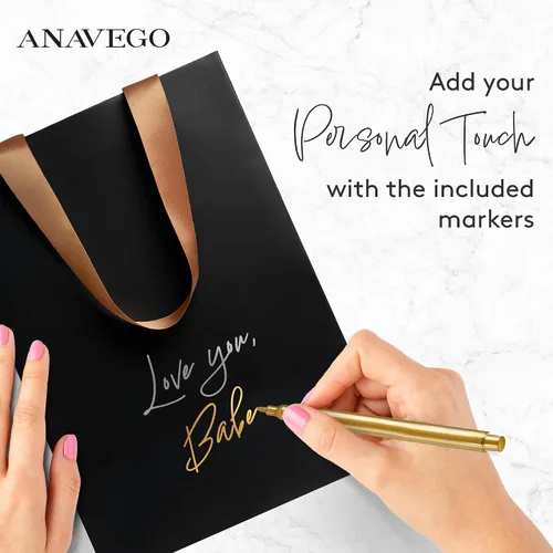Miniatura 2 de Anavego 6 bolsas de regalo negras de primera clase con marcadores metálicos para personalización y papel de seda. Tamaño mediano 8 x 10 pulgadas.