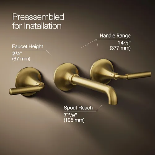 Miniatura 4 de Kohler T26439-4-2MB - Juego de grifo de lavabo de baño de montaje en pared, grifo de baño con dos manijas de palanca, latón moderno cepillado Latón