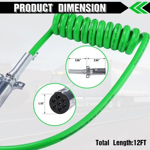 Miniatura 6 de Cable de Alimentación Eléctrica ABS de 7 Vías 12 Pies Verde Enrollado en Espiral Coleta Cables de Alimentación Enrollados Cable Resistente Cable