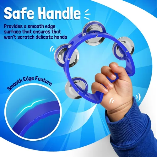 Miniatura 3 de Flexzion Pandereta - Campana de mano, instrumentos musicales de percusión (azul, paquete de 2), instrumento musical de plástico, media luna, mini D