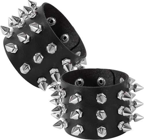 Miniatura 9 de Manfnee Pulsera de cuero punk, pulsera trenzada con remaches para hombres y mujeres, ajustable
