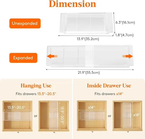 Miniatura 2 de Lifewit Bandejas organizadoras de cajones de maquillaje deslizantes con insertos, divisor de cajón de escritorio extensible colgante, se adapta a