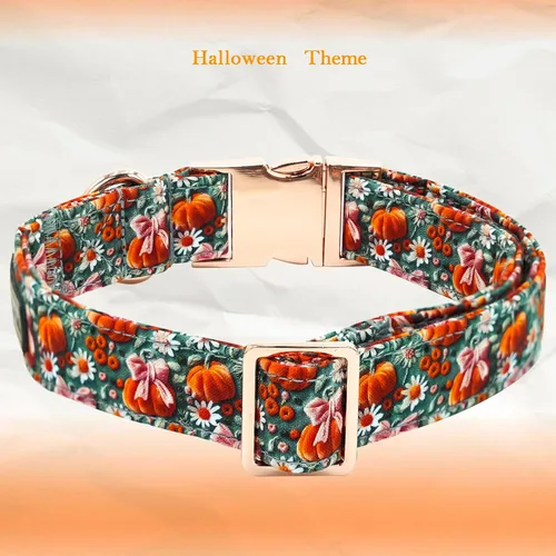 Miniatura 4 de Elegant little tail - Collar de otoño para perros, collares de Halloween para mascotas con corbatín, lindo estampado de flores y calabaza, collares