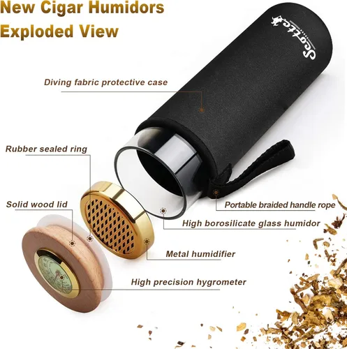 Miniatura 5 de Scotte - Estuche humidificador para puros, en caja de regalo, con higrómetro, tubo de viaje para 5 puros