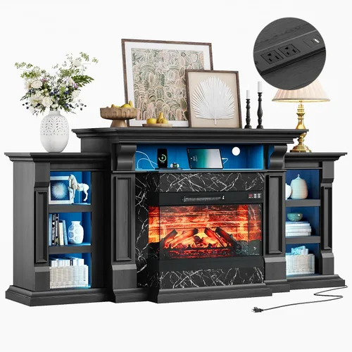 Miniatura 13 de LGHM Soporte de TV con Chimenea Eléctrica LED con Tomacorriente, Repisa de Chimenea de 72'' para TVs de hasta 80'', Centro de Entretenimiento Blanco