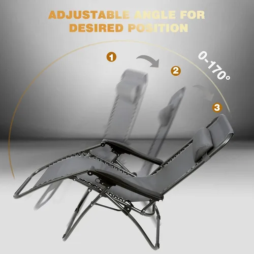 Miniatura 4 de Juego de 2 sillas ajustables de gravedad cero, sillas reclinables plegables para exteriores con almohada, sillas portátiles junto a la piscina, Gris