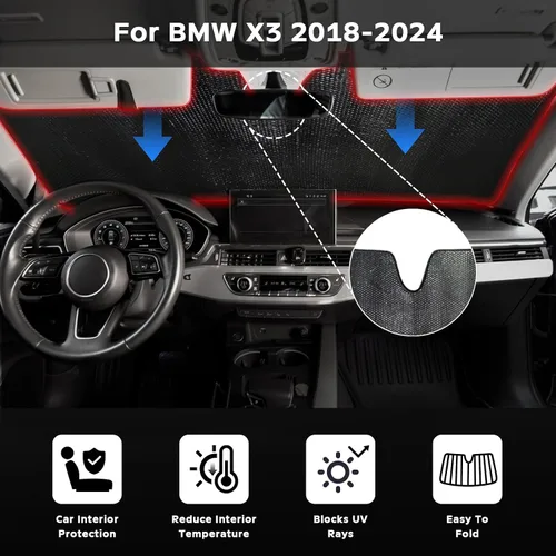 Miniatura 2 de Parasol para parabrisas para BMW X3 2018-2024, 5 capas de burbujas, plegable, grueso, accesorios de protección para visera frontal, bloquea el calor