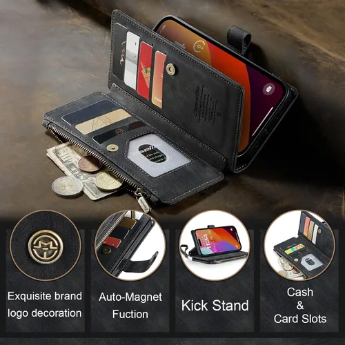 Miniatura 7 de CaseMe - Funda tipo cartera para iPhone 15 Pro Max, multifunción, hecha a mano, de piel sintética, con cremallera, a prueba de golpes, con cierre