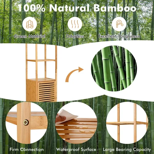 Miniatura 8 de LOKO Gabinete alto de bambú, gabinete de almacenamiento estrecho para baño con estantes de 3 niveles y puerta de obturador, gabinete de torre