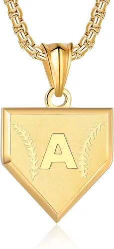 Miniatura 30 de Collar con inicial de la A a la Z para niños, de acero inoxidable, con dije de escudo de letra, cadena de 22 + 2 pulgadas, inspirador de béisbol
