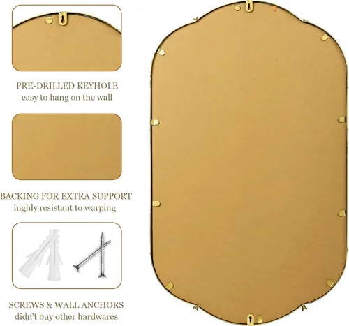Miniatura 6 de Espejo de pared ovalado dorado de 19 x 32 pulgadas, espejo decorativo con marco de cuentas de metal, bonito patrón de pájaros y flores, espejo