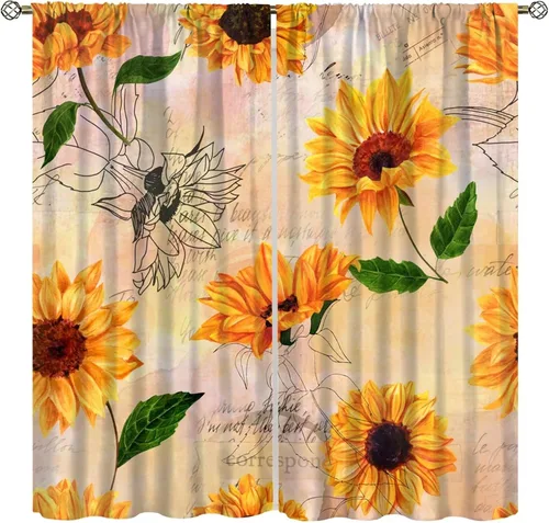 Miniatura 16 de Sunflower Curtains for Living Room Bedroom, Spring Nature Blue Sky and Butterfly Window Drapes, Rustic Wooden Fence Floral Botanical Decor, 2 Panels