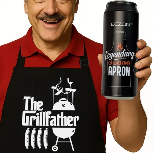 BEZON Delantal de parrilla divertido para hombres – Envase de regalo de lata de cerveza – Divertido regalo de barbacoa para papá, marido o amigo –